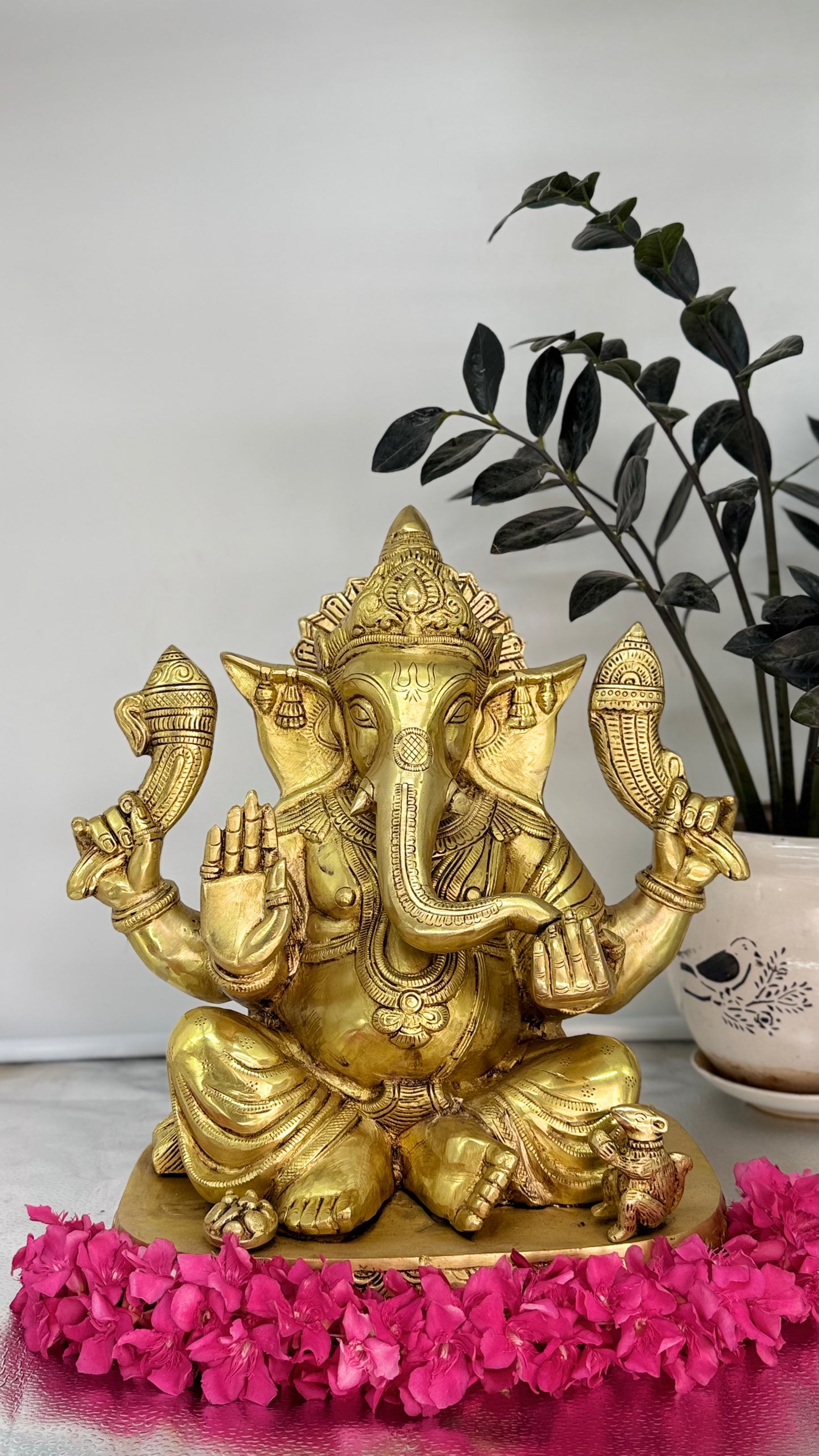 Handcrafted Brass Ganesha with Dual Conch Shells - A Symbol of Auspiciousness
