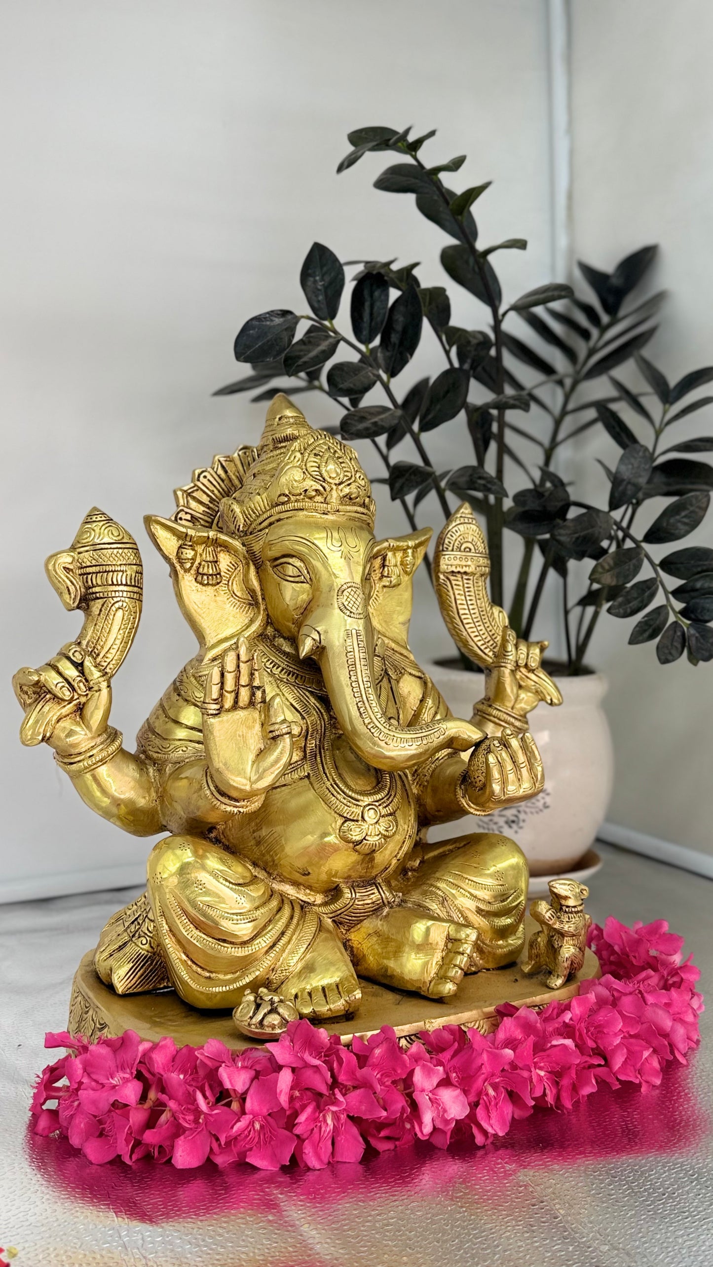 Handcrafted Brass Ganesha with Dual Conch Shells - A Symbol of Auspiciousness