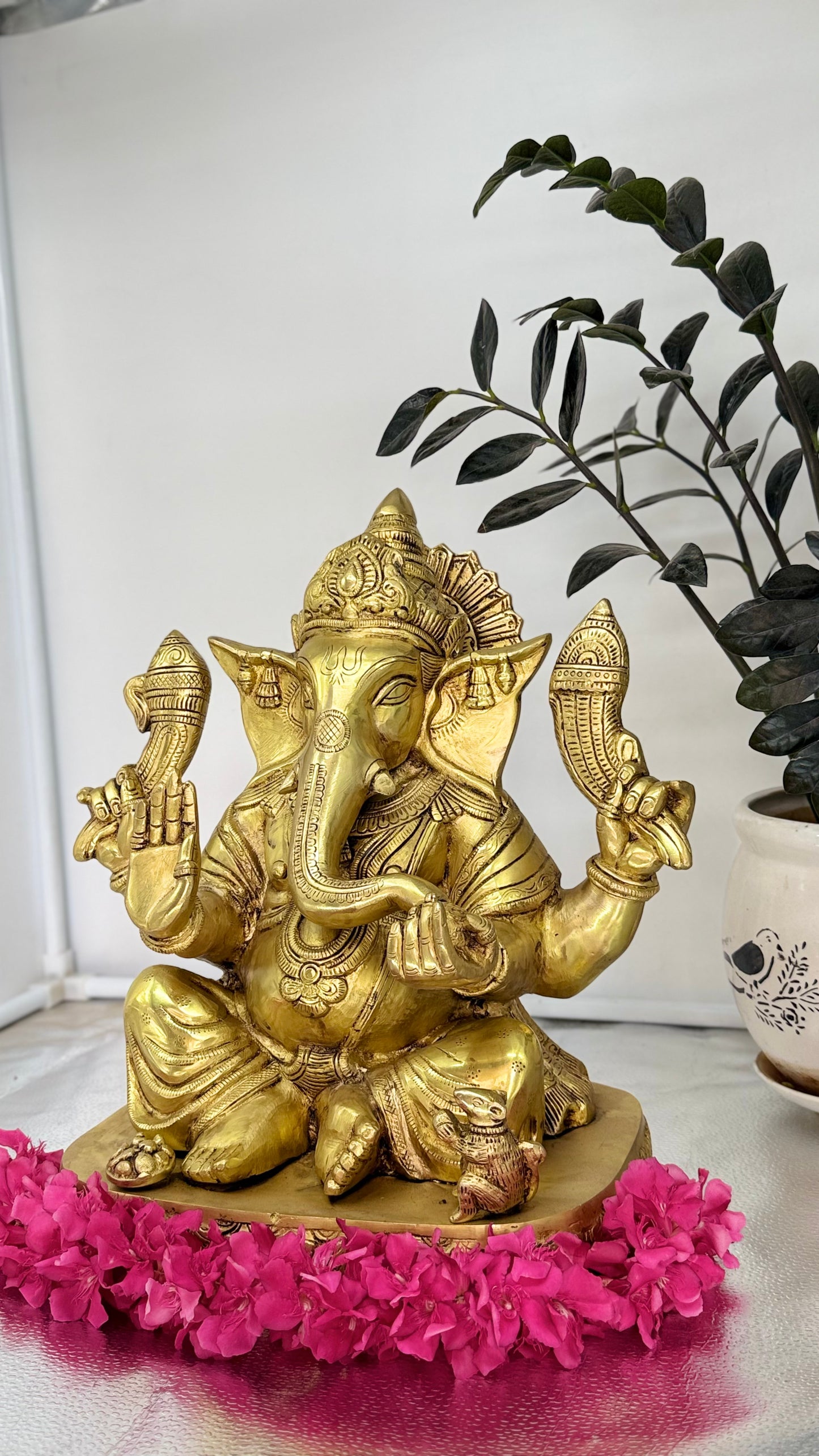 Handcrafted Brass Ganesha with Dual Conch Shells - A Symbol of Auspiciousness