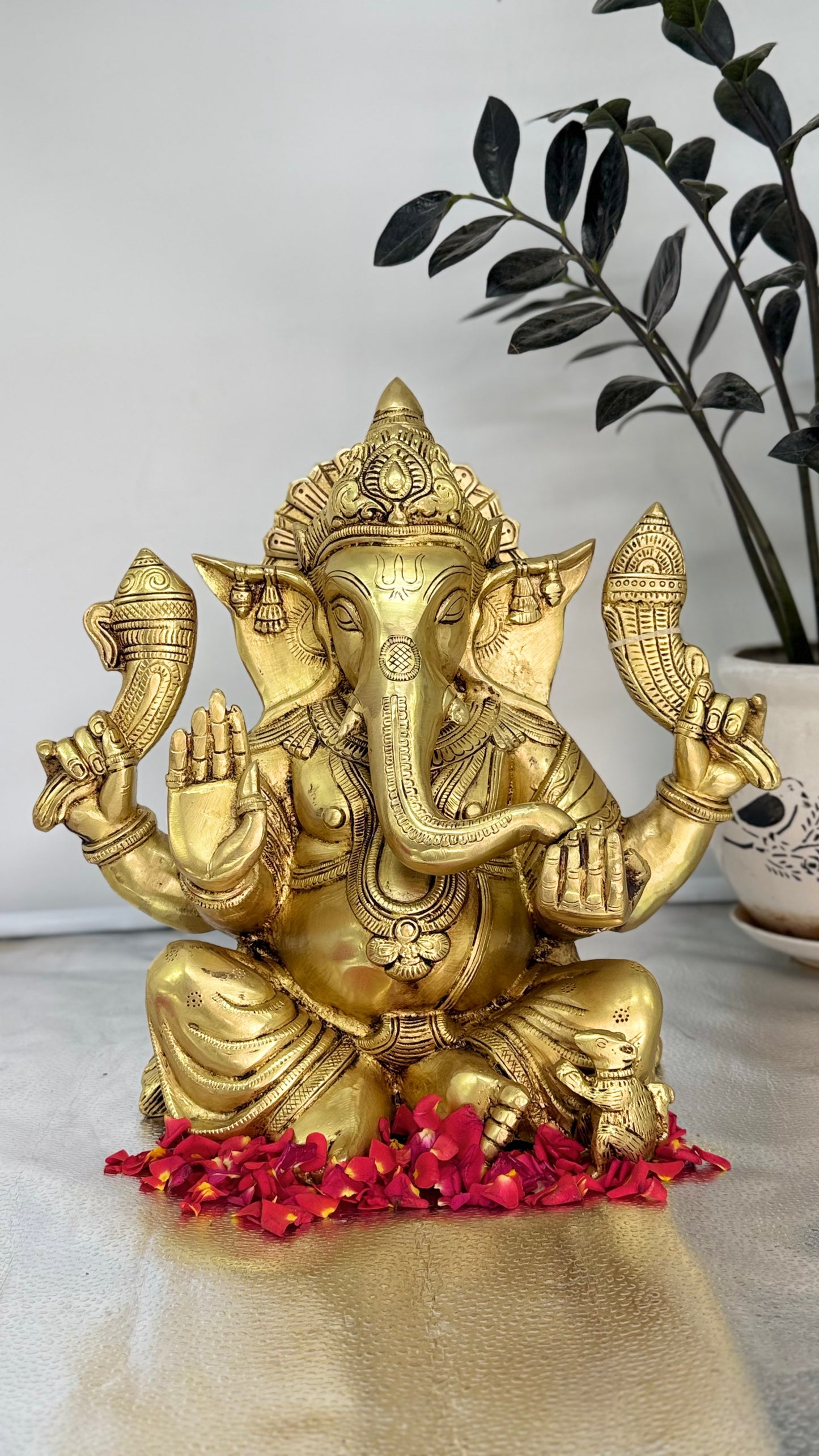 Handcrafted Brass Ganesha with Dual Conch Shells - A Symbol of Auspiciousness