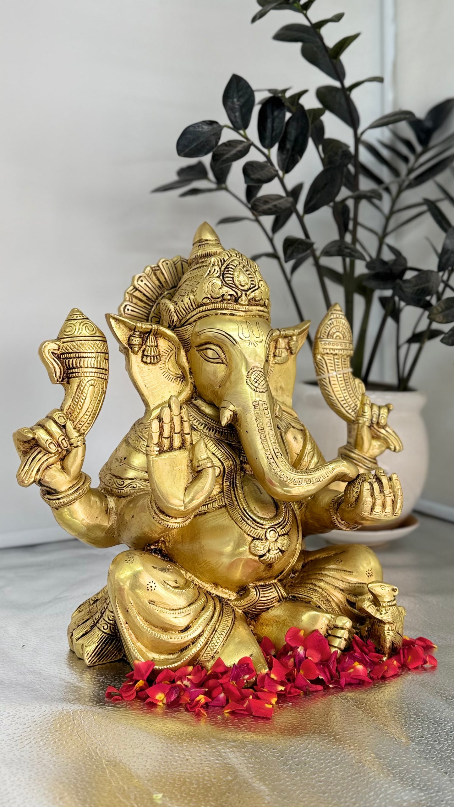 Handcrafted Brass Ganesha with Dual Conch Shells - A Symbol of Auspiciousness