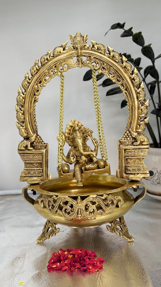 Exquisite Brass Ganesha on Swing with Integrated Diya