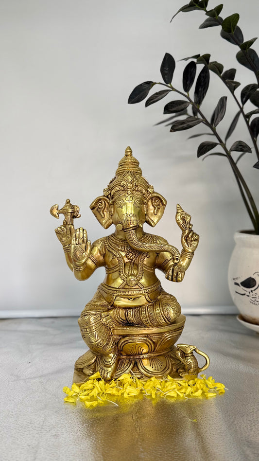 Serene Seated Ganesha in Lotus Pose - Brass Idol for Peace and Prosperity
