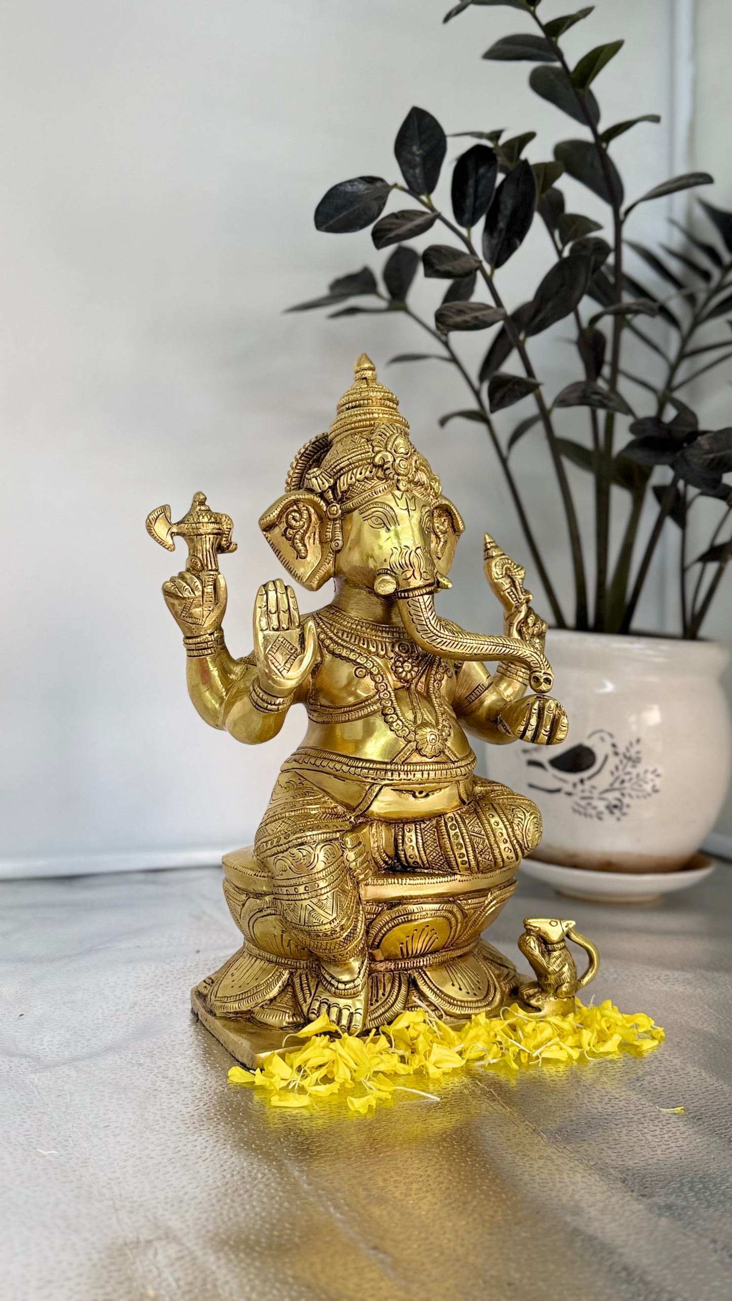 Serene Seated Ganesha in Lotus Pose - Brass Idol for Peace and Prosperity