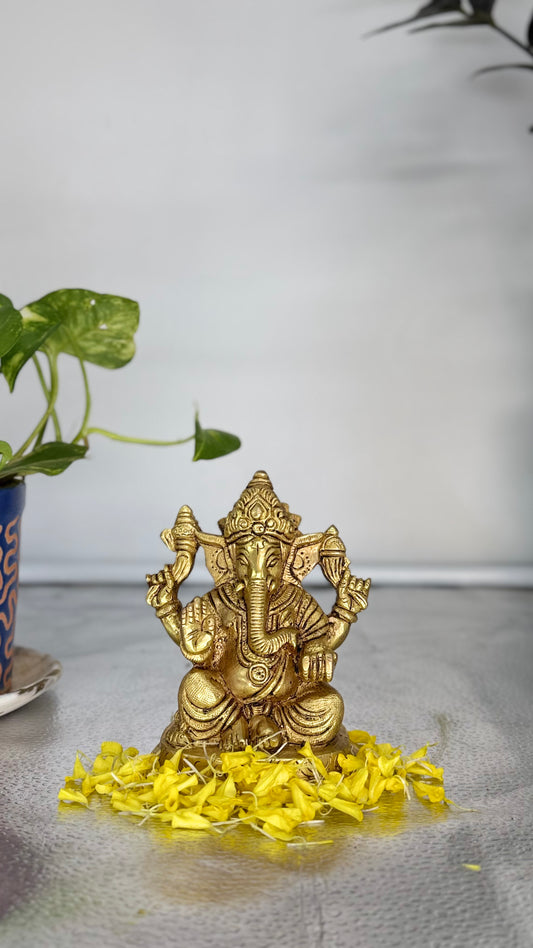 Charming Brass Seated Ganesha Idol - Symbol of Wisdom and Good Fortune
