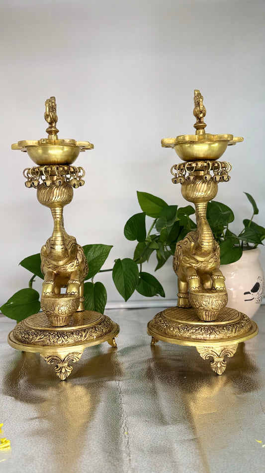 Majestic Brass Elephant Oil Lamps – Set of Two | Handcrafted Samai Vilakku