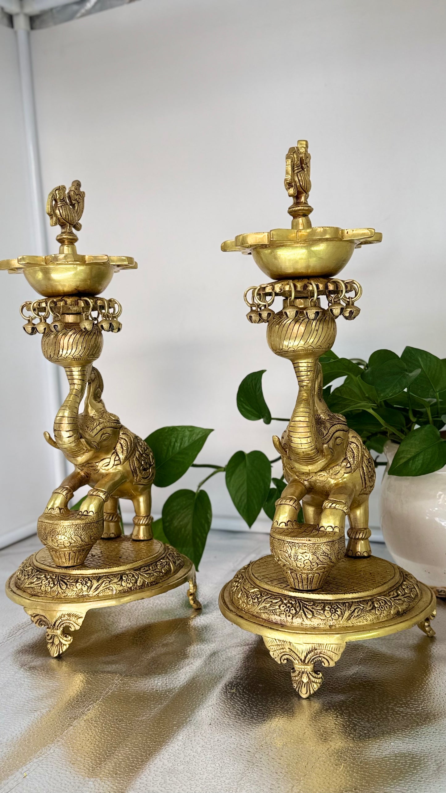 Majestic Brass Elephant Oil Lamps – Set of Two | Handcrafted Samai Vilakku