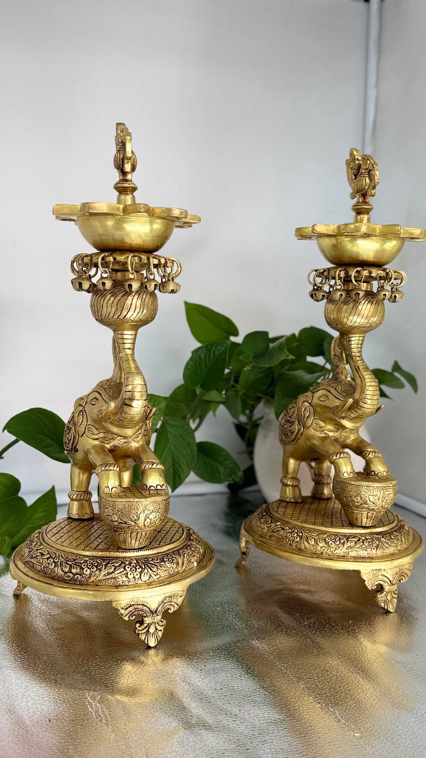 Majestic Brass Elephant Oil Lamps – Set of Two | Handcrafted Samai Vilakku