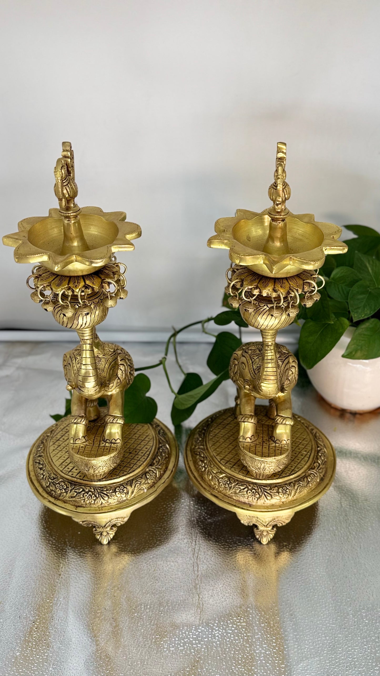 Majestic Brass Elephant Oil Lamps – Set of Two | Handcrafted Samai Vilakku