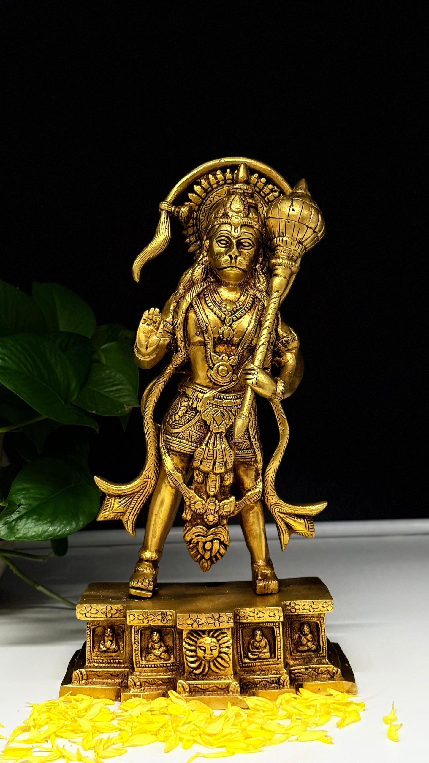 Exquisite Brass Lord Hanuman Idol with Surya Dev & Miniature Deity Pedestal - A Collector's Masterpiece