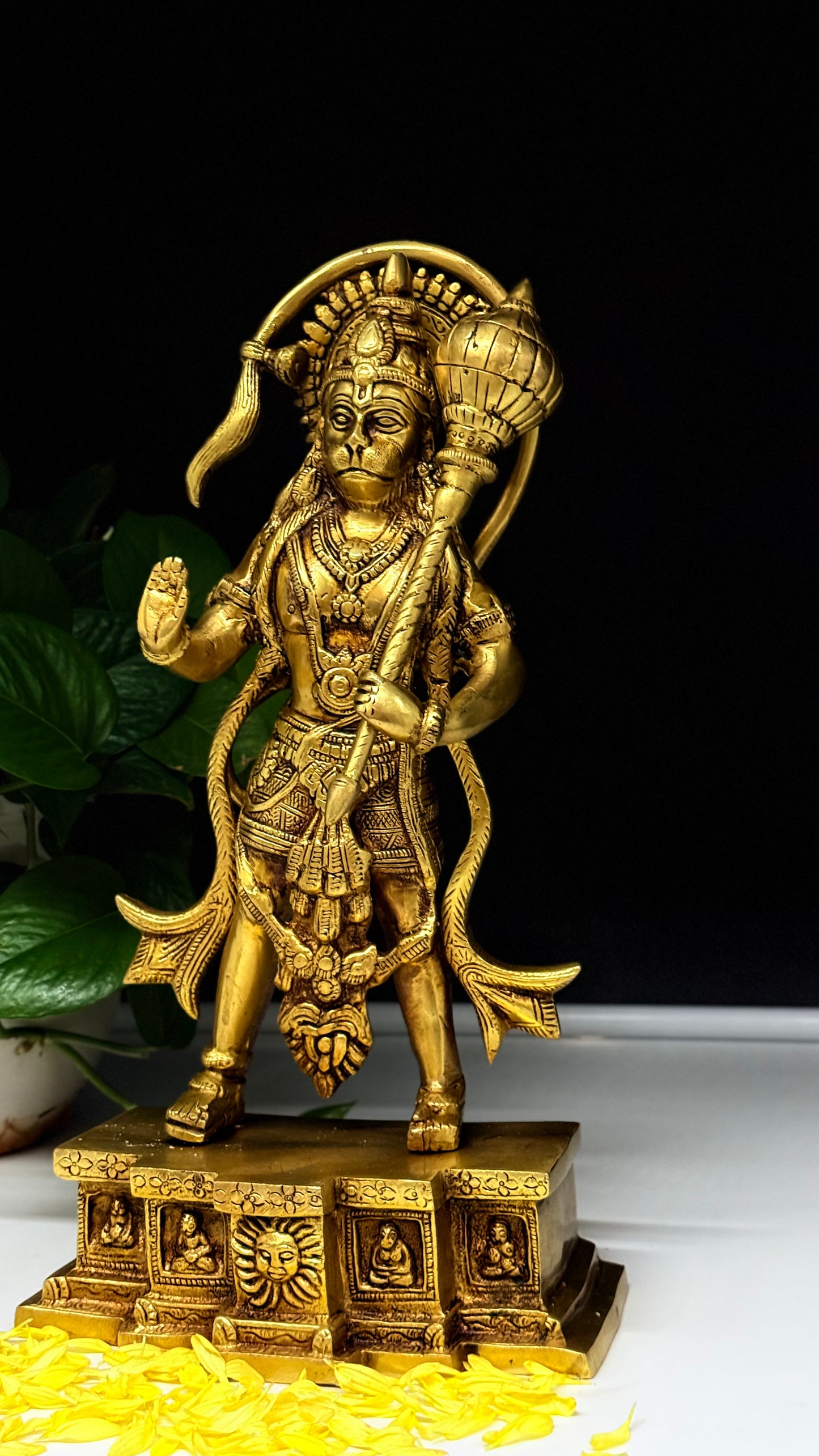 Exquisite Brass Lord Hanuman Idol with Surya Dev & Miniature Deity Pedestal - A Collector's Masterpiece