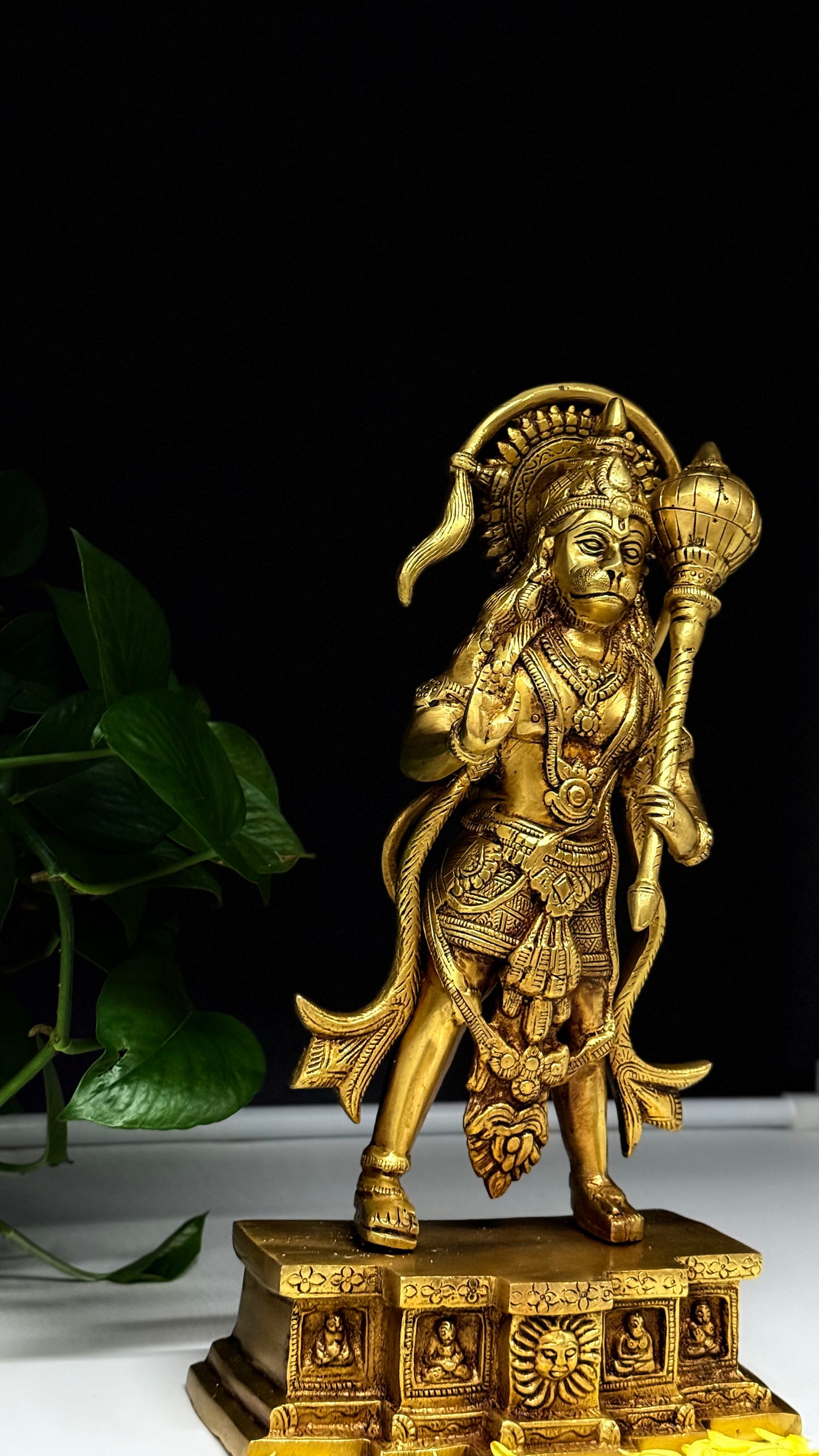 Exquisite Brass Lord Hanuman Idol with Surya Dev & Miniature Deity Pedestal - A Collector's Masterpiece