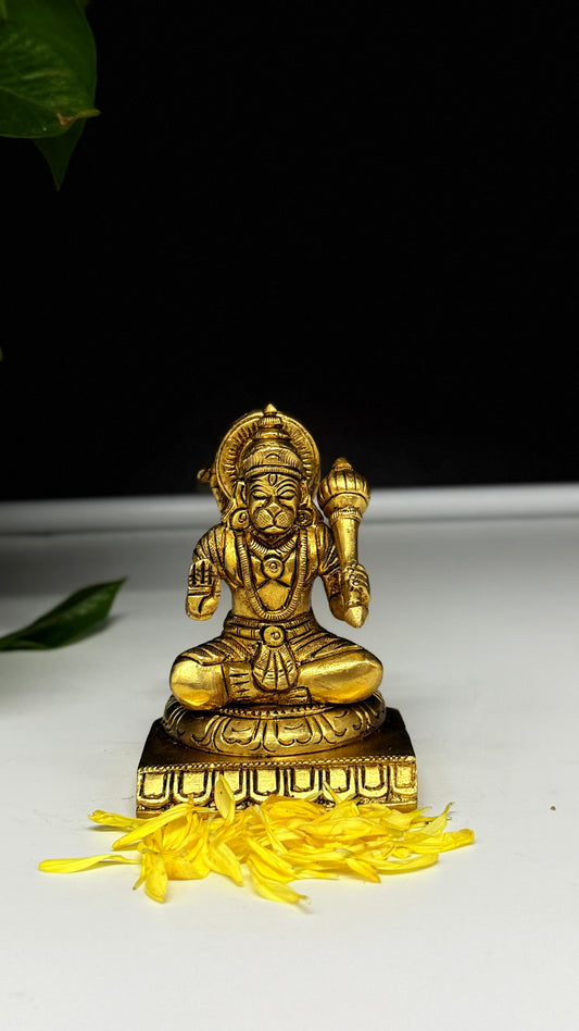 Handcrafted Brass Sitting Hanuman with Gada - Divine Protector