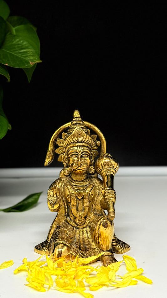 Handcrafted Brass Sitting Hanuman in Blessing Pose - Abhaya Mudra Idol