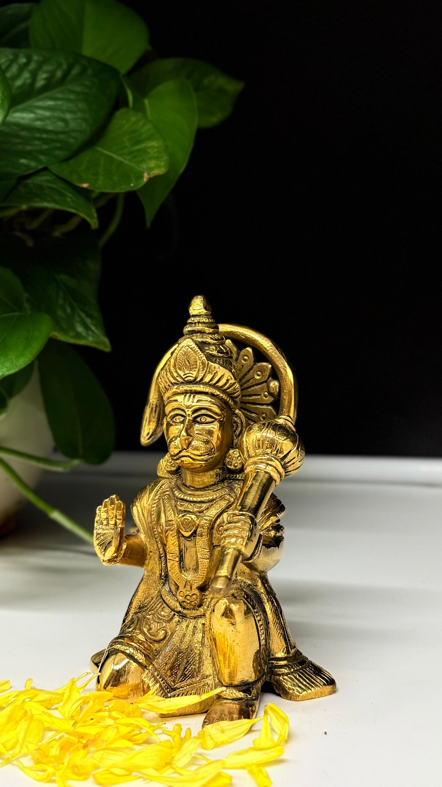 Handcrafted Brass Sitting Hanuman in Blessing Pose - Abhaya Mudra Idol