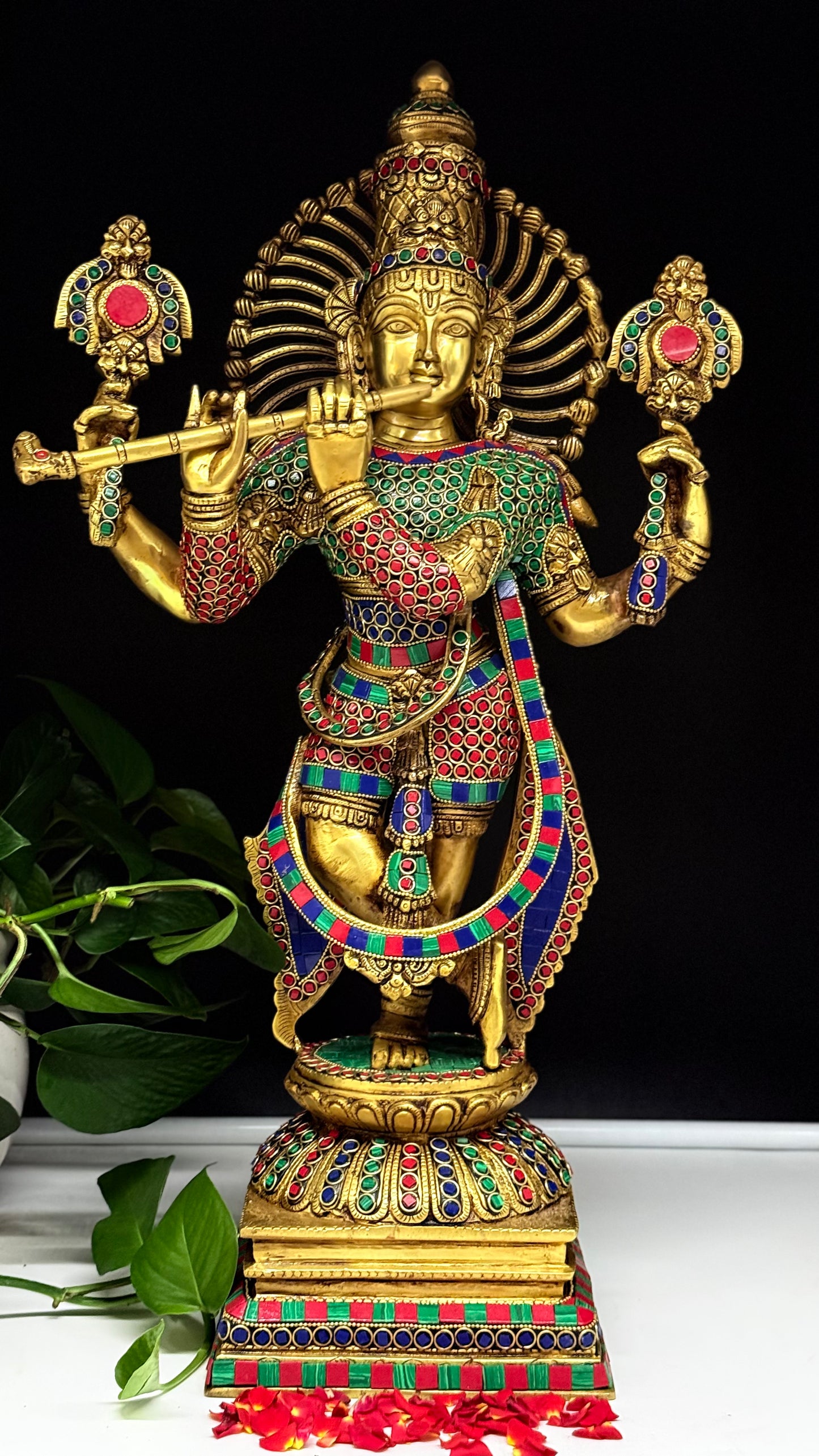 Exquisite Brass Lord Krishna Idol with Stone Work – Handcrafted Flute Krishna