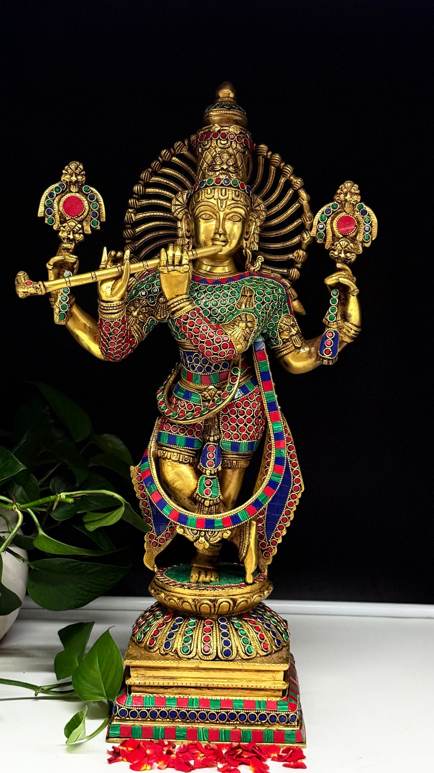 Exquisite Brass Lord Krishna Idol with Stone Work – Handcrafted Flute Krishna