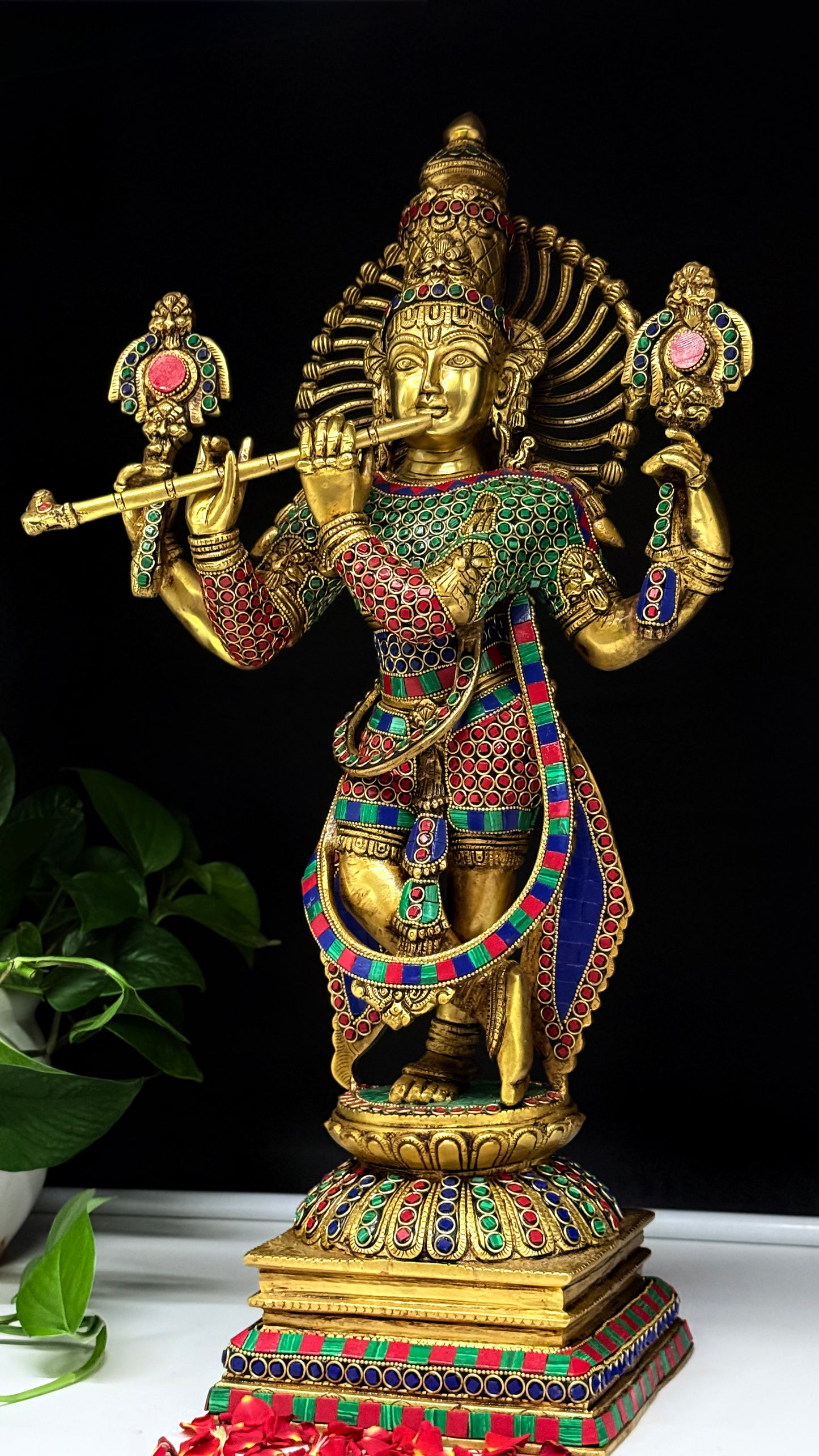 Exquisite Brass Lord Krishna Idol with Stone Work – Handcrafted Flute Krishna