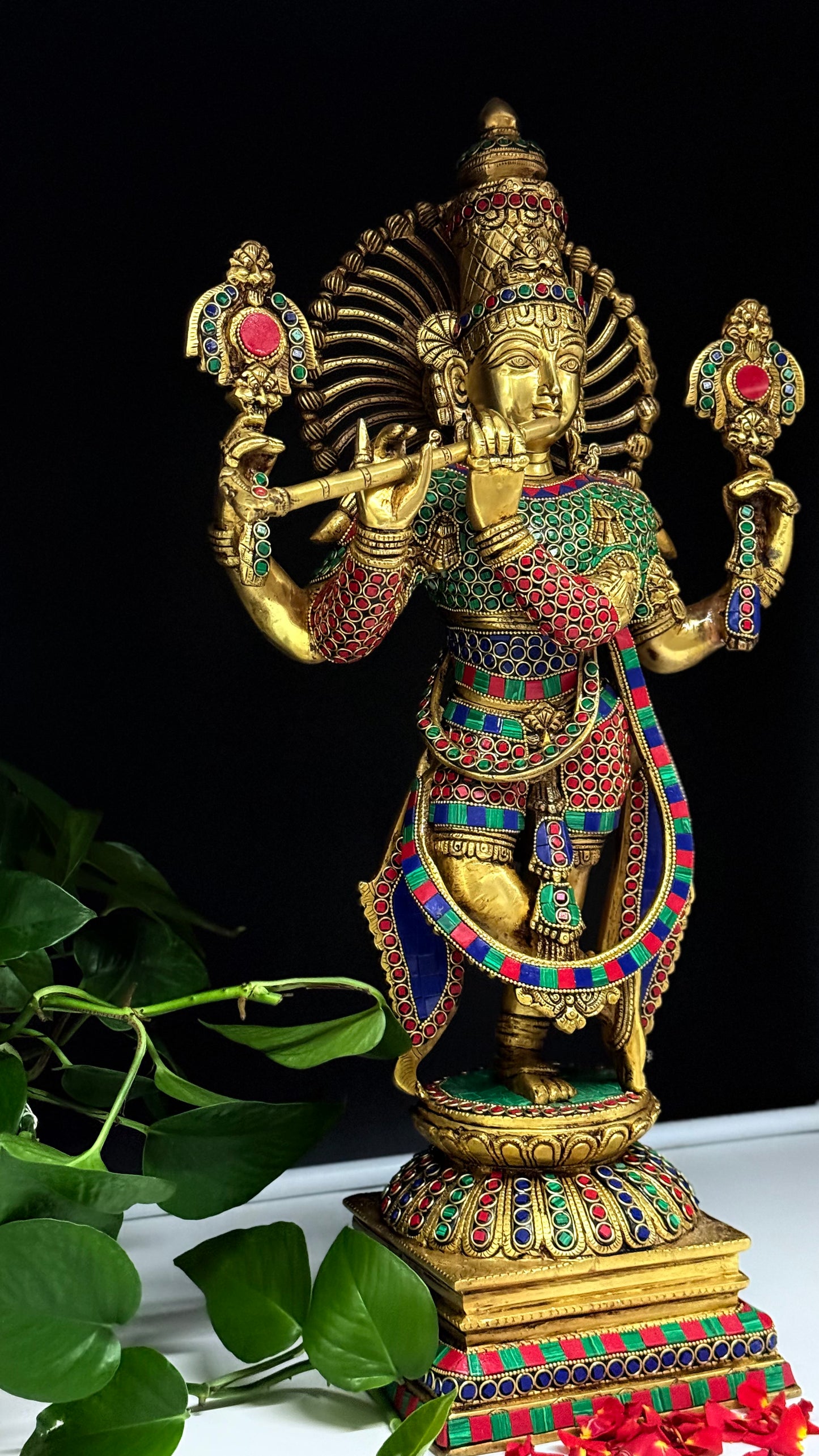 Exquisite Brass Lord Krishna Idol with Stone Work – Handcrafted Flute Krishna