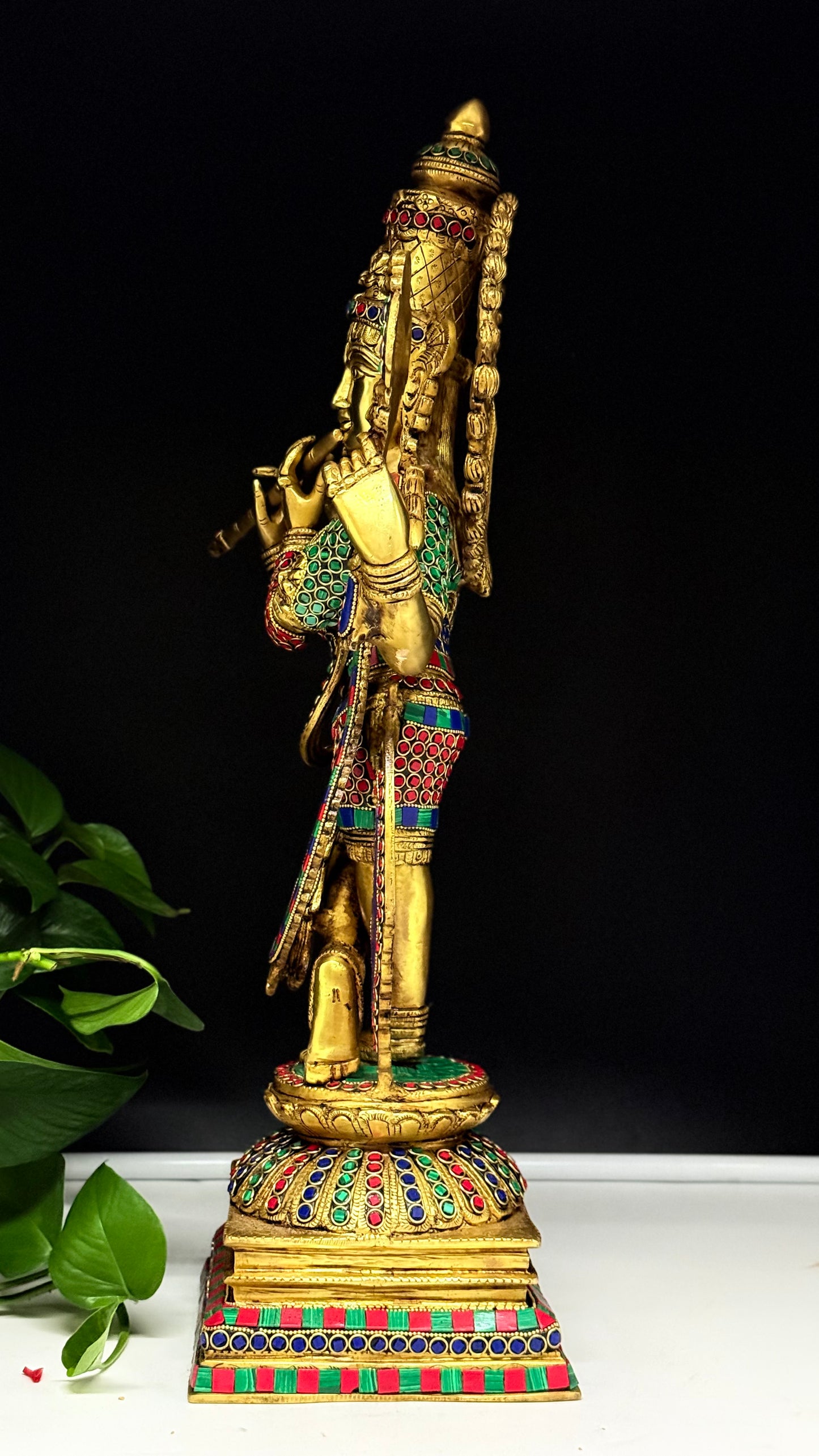 Exquisite Brass Lord Krishna Idol with Stone Work – Handcrafted Flute Krishna