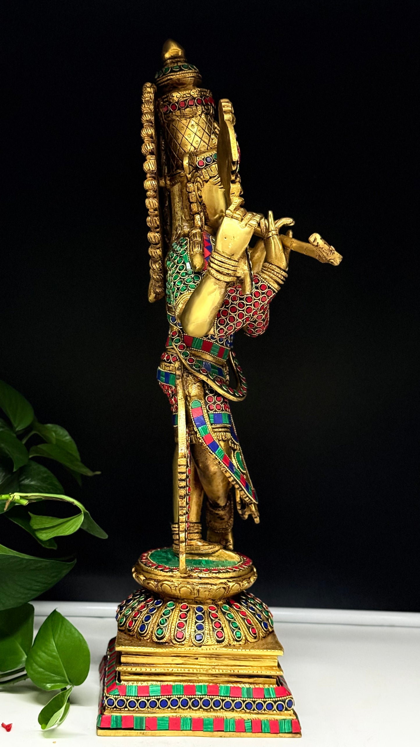 Exquisite Brass Lord Krishna Idol with Stone Work – Handcrafted Flute Krishna