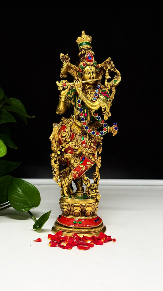 Vibrant Brass Krishna Idol with Gemstone & Enamel Accent