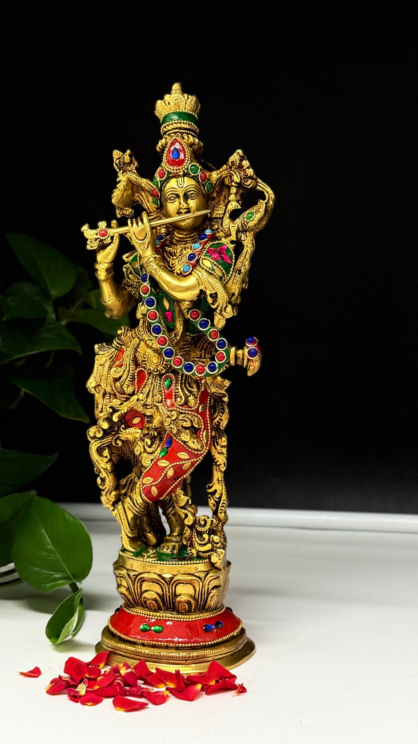 Vibrant Brass Krishna Idol with Gemstone & Enamel Accent