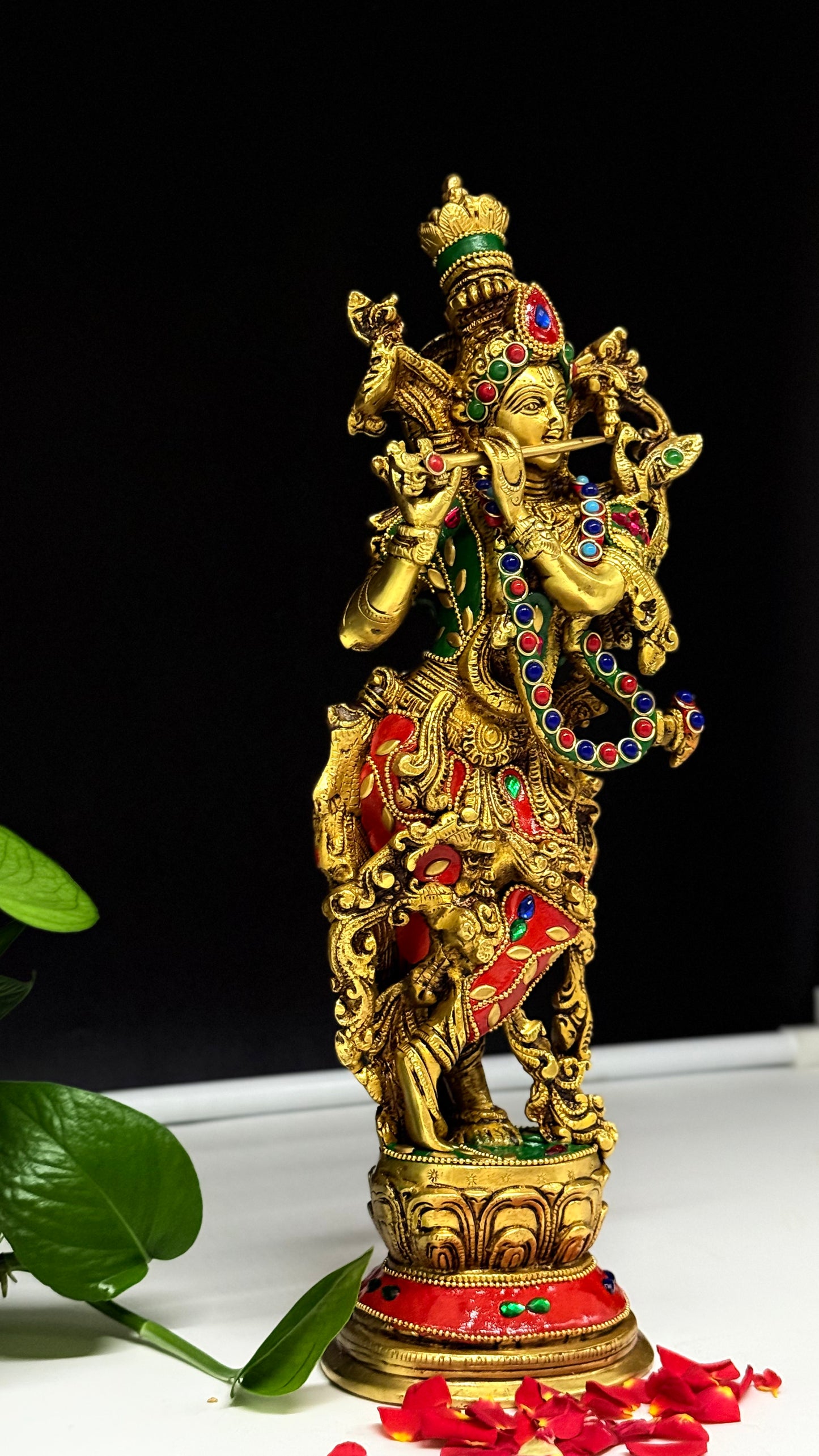 Vibrant Brass Krishna Idol with Gemstone & Enamel Accent