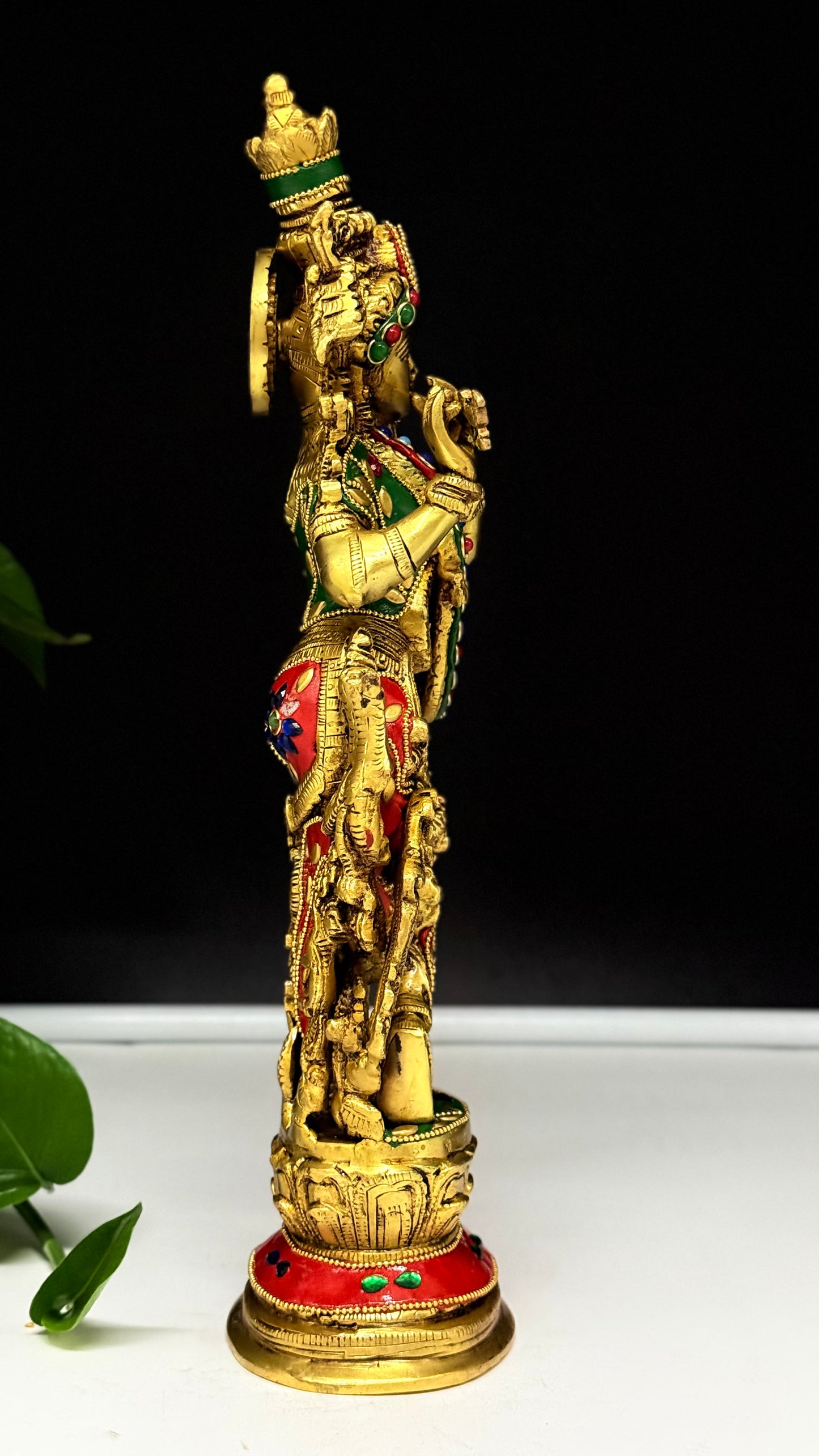 Vibrant Brass Krishna Idol with Gemstone & Enamel Accent