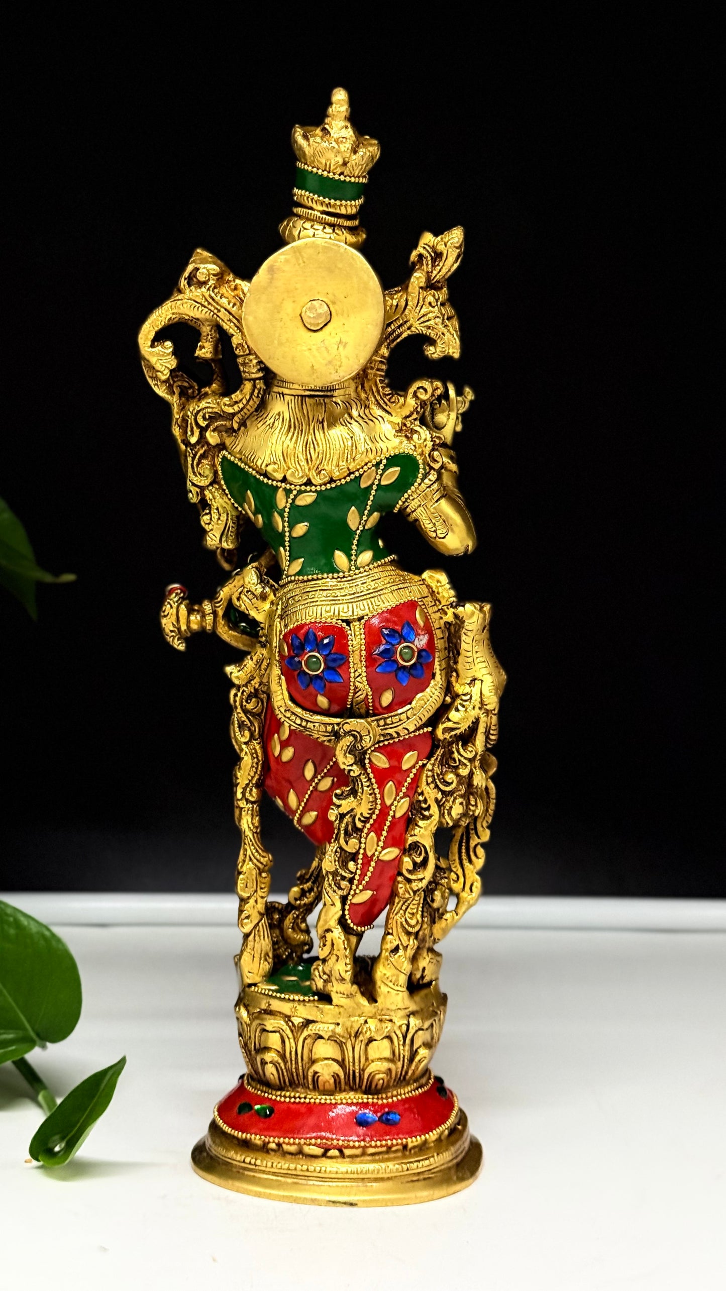 Vibrant Brass Krishna Idol with Gemstone & Enamel Accent