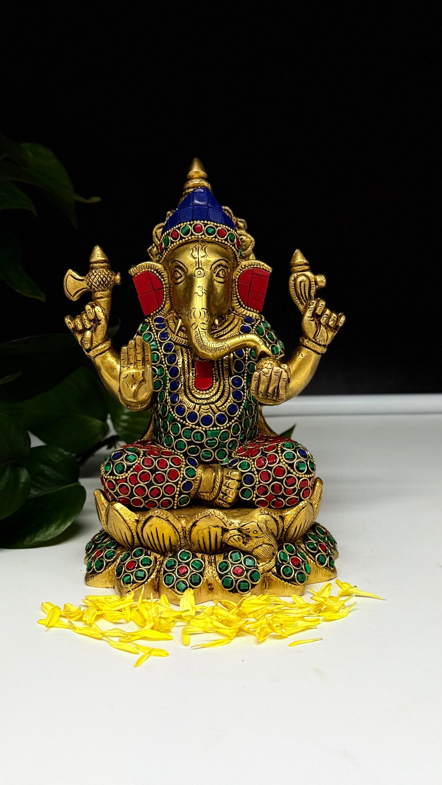 Handcrafted Brass Ganesha Murti with Vibrant Gemstone Detailing