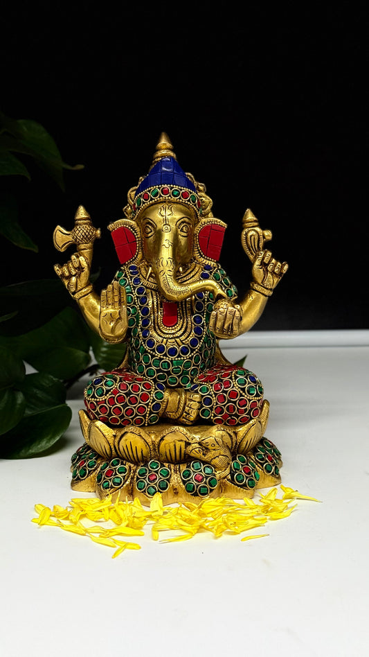 Handcrafted Brass Ganesha Murti with Vibrant Gemstone Detailing