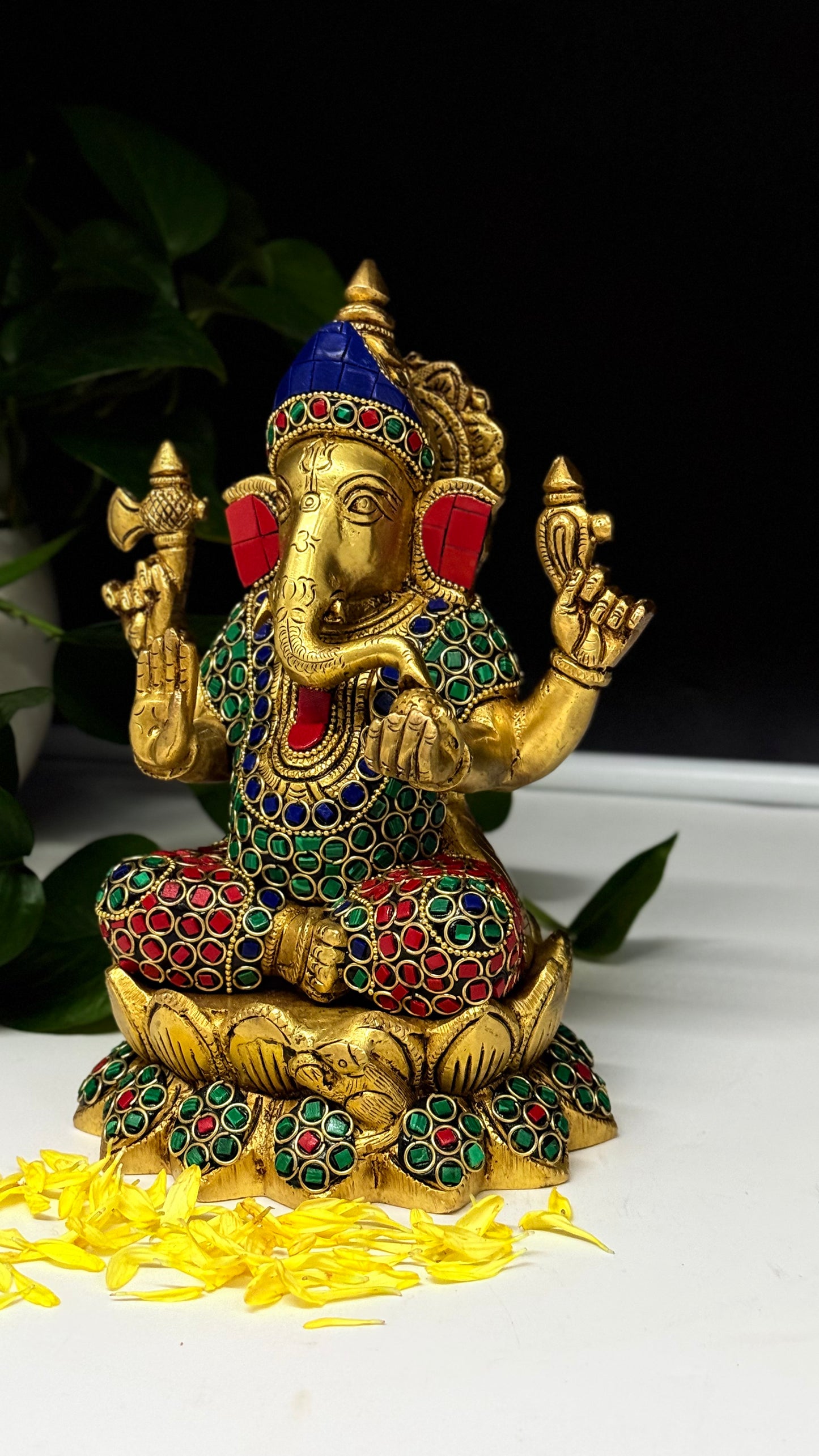 Handcrafted Brass Ganesha Murti with Vibrant Gemstone Detailing