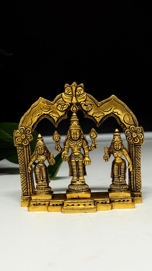 Brass Lord Venkateswara with Sridevi and Bhudevi under a Divine Arch